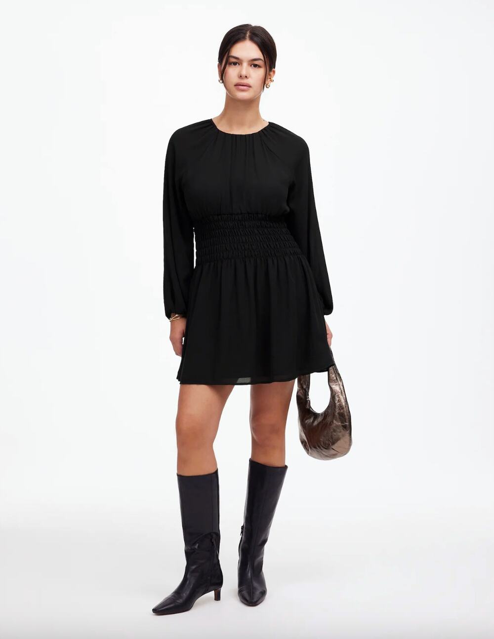Madewell Bubble Sleeve Smocked Mini Dress True Black Minimalist Medium NWT